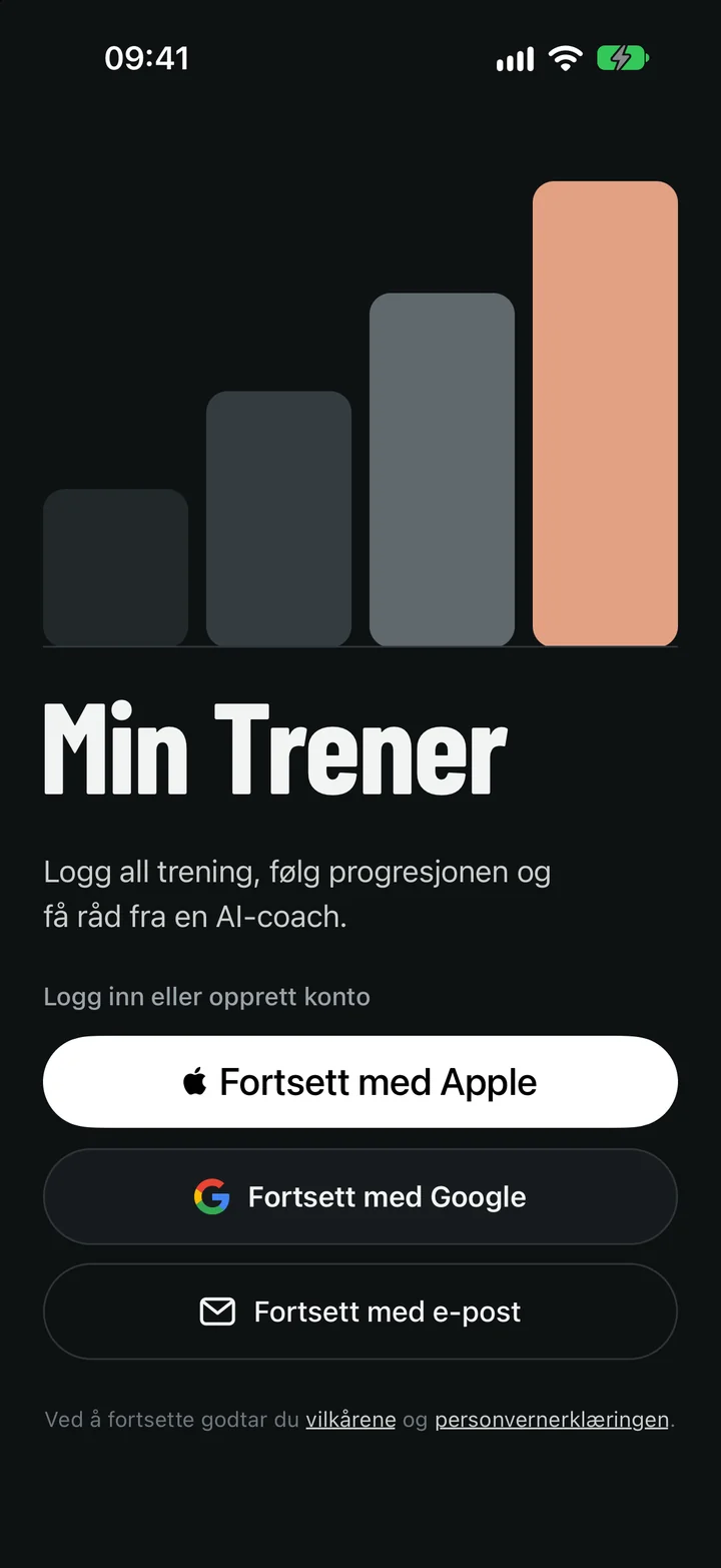 Forsiden i Min Trener med logoen og innlogging